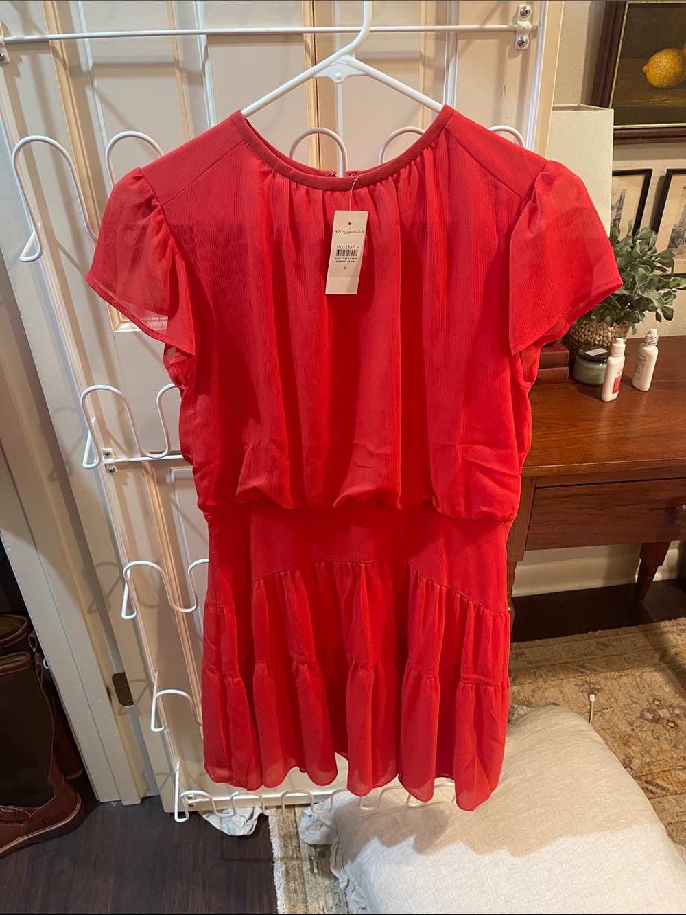 Ann Taylor Red Flutter-Sleeve Tiered Mini Dress